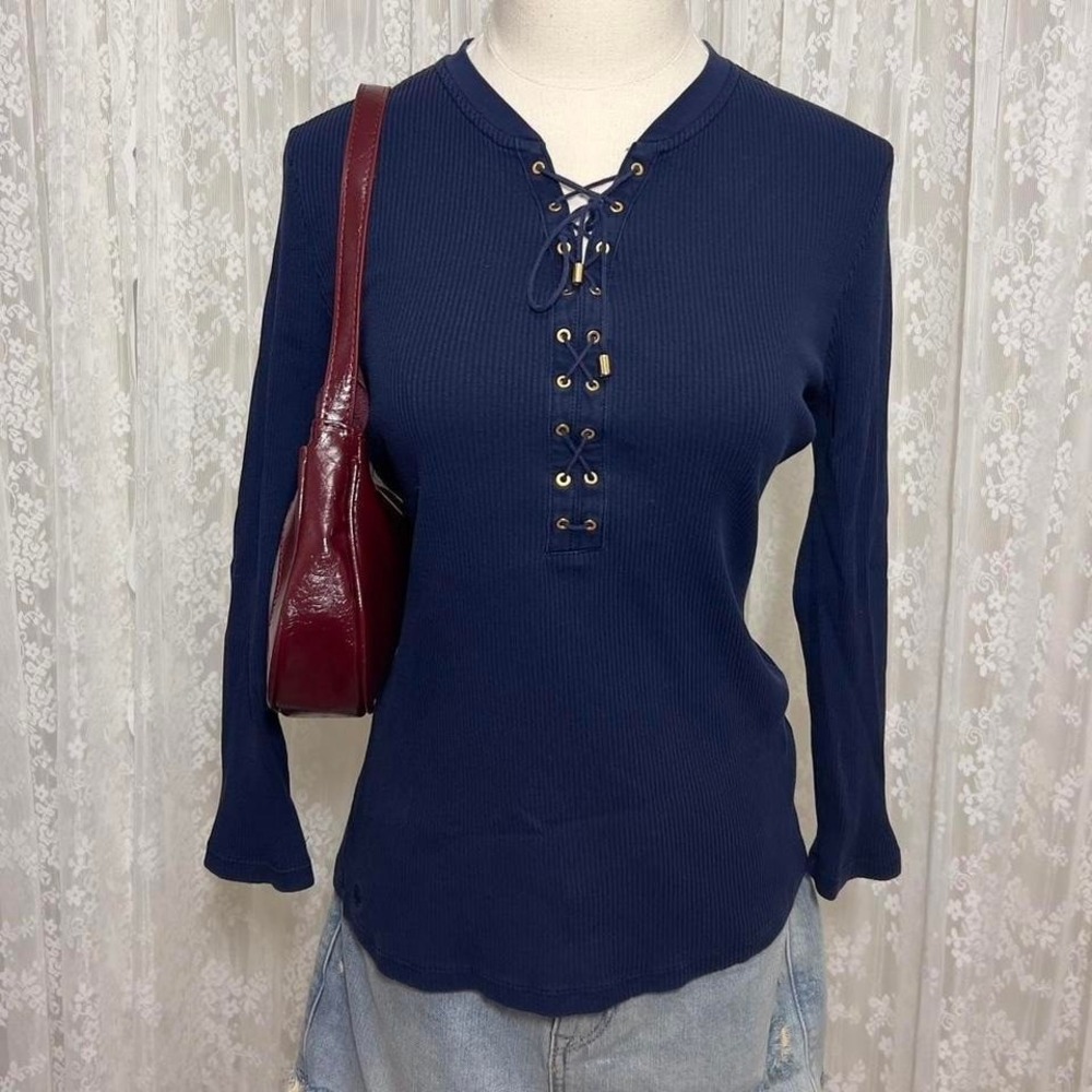 Lauren Ralph Lauren Navy Lace Up Long Sleeve Womens Top Size XL Vtg Y2K